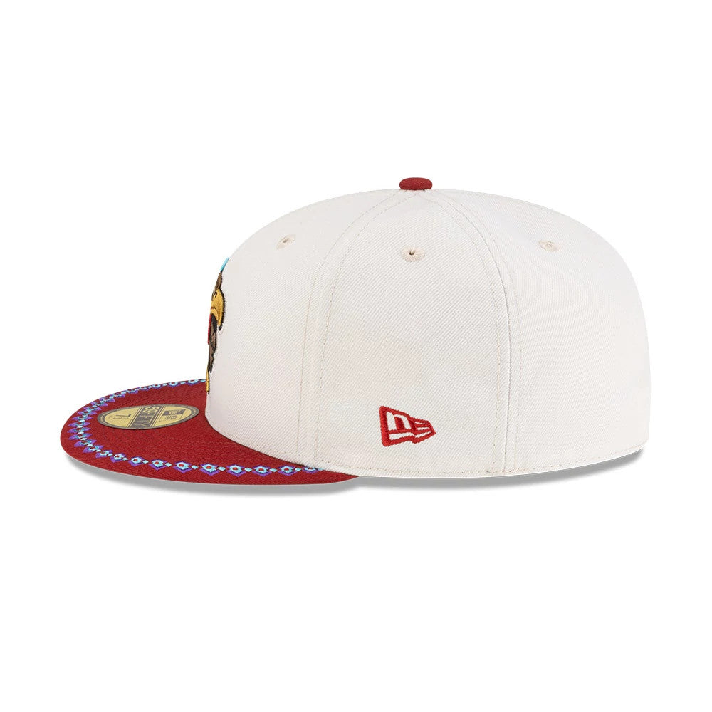 Arizona Diamondbacks MLB Mexico City Series 2026 White New Era 59FIFTY Fitted Cap, side view showing the red embroidered New Era flag logo on the left side, a detailed red visor with a patterned edge, and a flat cream crown.