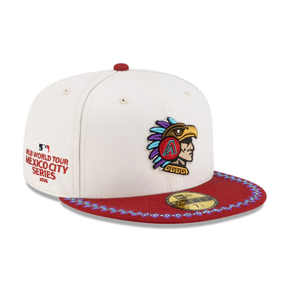 Arizona Diamondbacks MLB Mexico City Series 2026 White New Era 59FIFTY Fitted Cap, front view showing a colourful embroidered Aztec-inspired logo on the front panel, a red visor with blue decorative stitching, and a gold 59FIFTY size sticker.