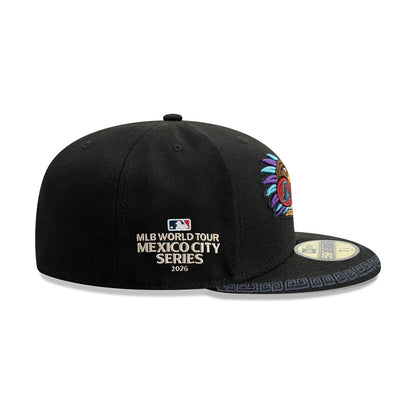 Dueling League MLB Mexico City Series 2026 Black New Era 59FIFTY Fitted Cap, side view showing the MLB World Tour Mexico City Series 2026 logo on the back panel, intricate multicoloured embroidery on the front.