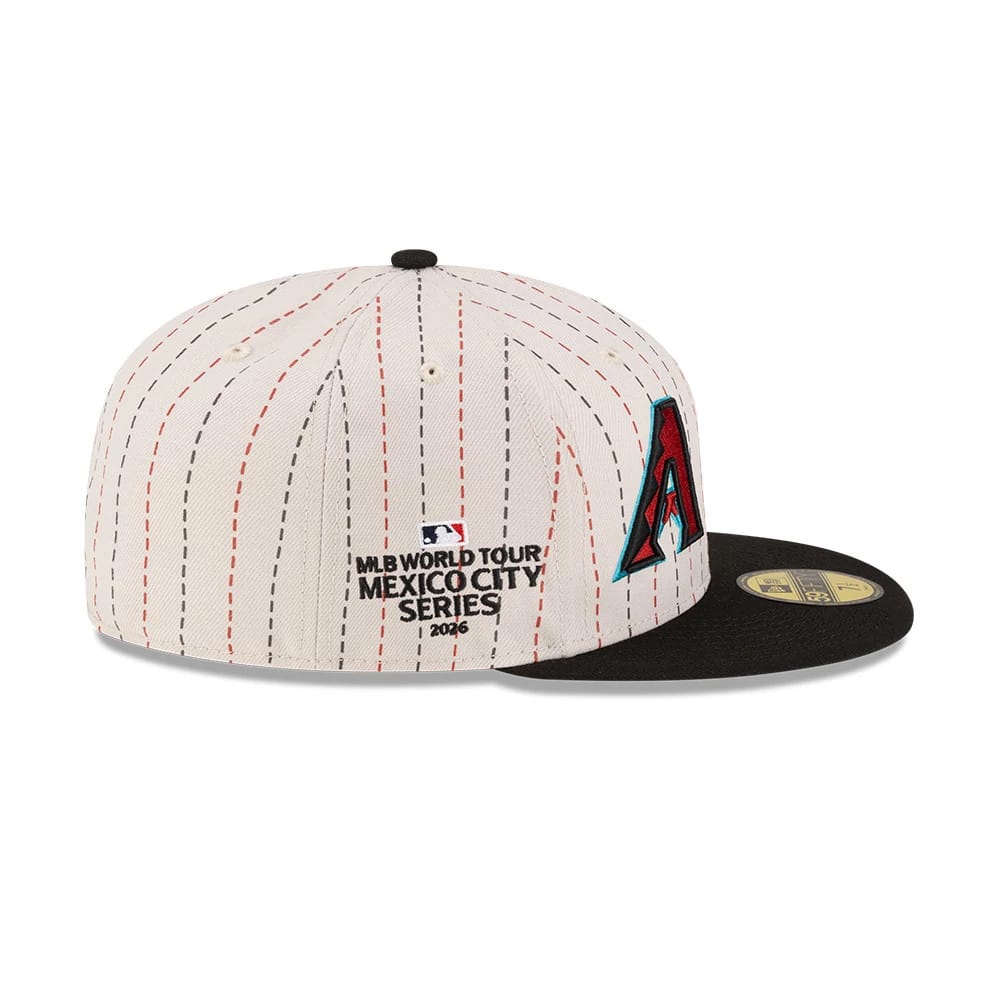Pictured is this MLB Mexico City Series 2026 MLB Dueling League Logos 59FIFTY Fitted cap in light beige. 5
