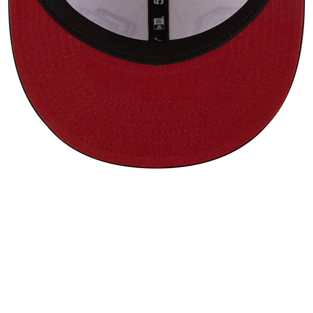 Dueling League MLB Mexico City Series 2026 Light Beige New Era 59FIFTY Fitted Cap, inside view showing the red undervisor, black interior taping with New Era branding, and contrasting black sweatband along the edge.