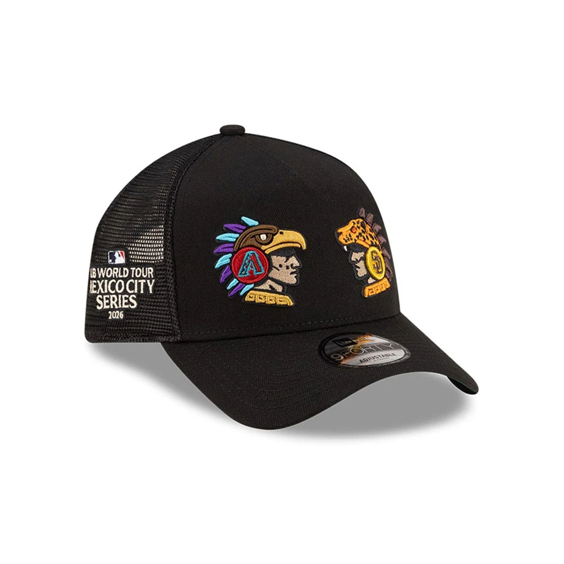 Pictured is this MLB Mexico City Series 2026 MLB Dueling League Logos 9FORTY A-Frame Adjustable cap in black. 1