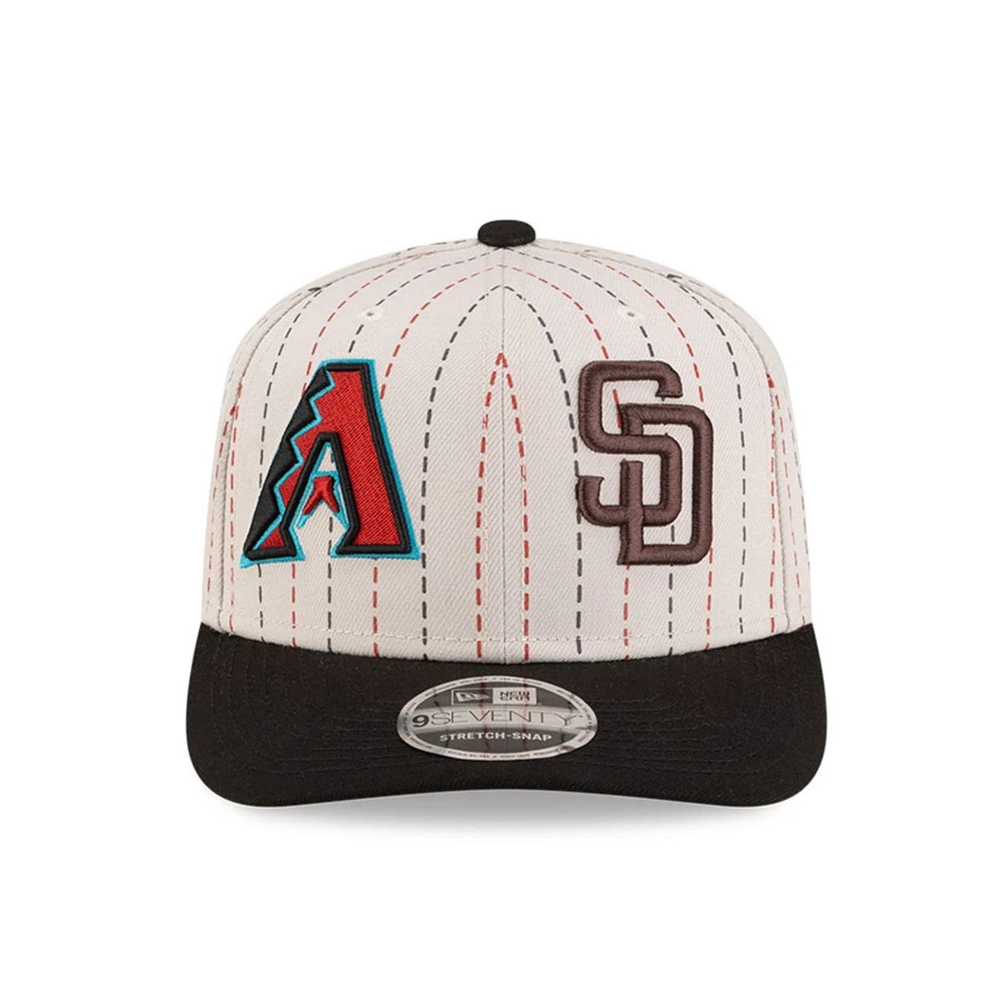 Pictured is this MLB Mexico City Series 2026 MLB Dueling League Logos 9SEVENTY Stretch Snap Adjustable cap in light beige. 3