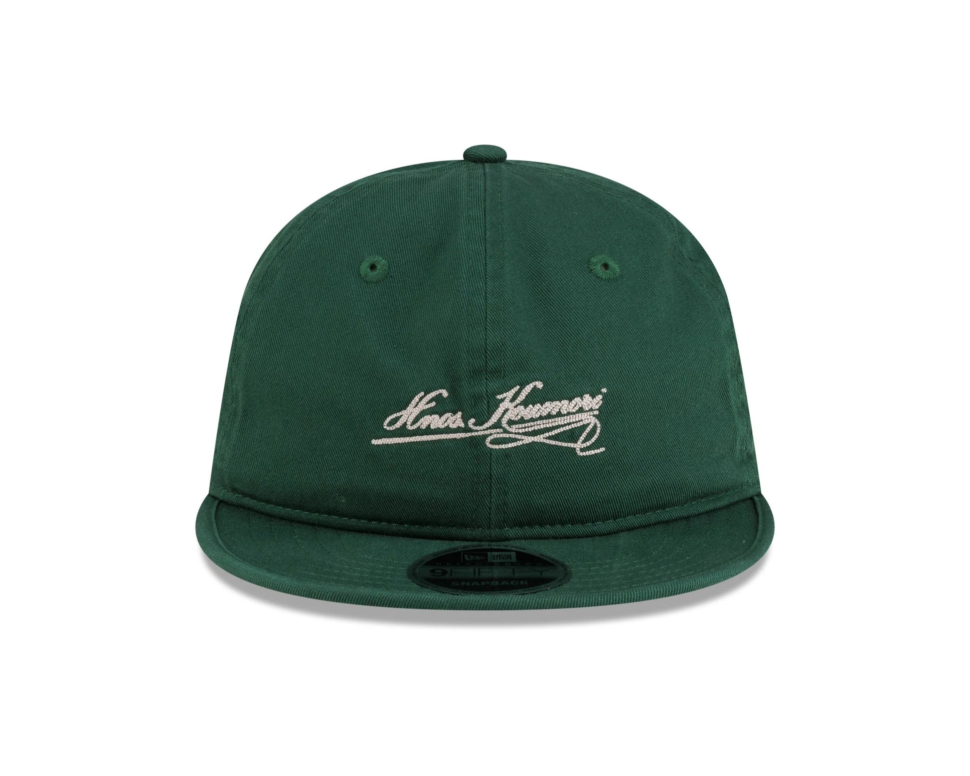 Pictured is this New Era X Hermanos Koumori Cursive Retro Crown 9FIFTY cap in green. 2
