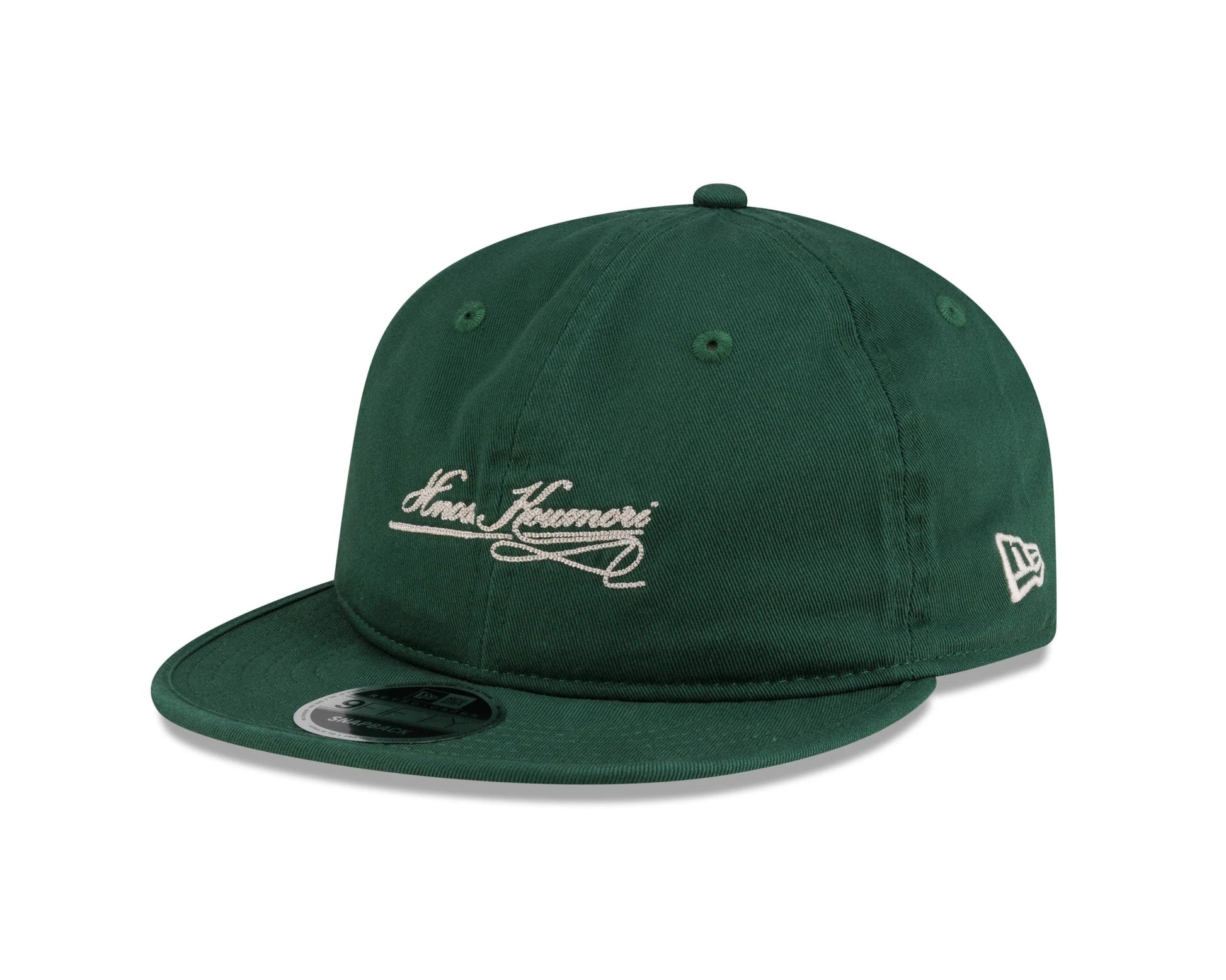 Pictured is this New Era X Hermanos Koumori Cursive Retro Crown 9FIFTY cap in green. 1