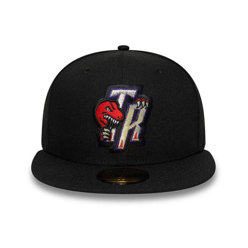 Toronto Raptors NBA Hardwood Classic Black New Era 59FIFTY Fitted Cap, front view showing raised embroidered red raptor and TR logo on the front panel, with a flat black visor and a gold 59FIFTY size sticker on the top.