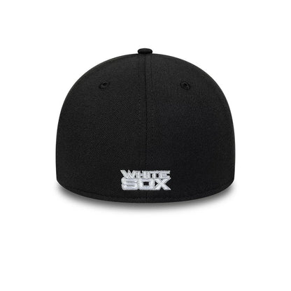 Chicago White Sox MLB Classic Black New Era 39THIRTY Stretch Fit Cap, rear view showing the white embroidered White Sox logo at the bottom centre of the structured black crown, with evenly spaced eyelets and a top button.