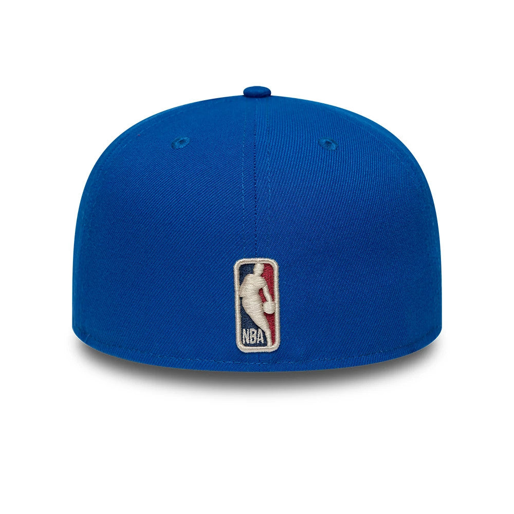 Denver Nuggets NBA Hardwood Classic Blue New Era 59FIFTY Fitted Cap, rear view showing the NBA logo embroidered in white, red, and blue at the centre of the back panels, with a solid blue structured crown and matching top button.