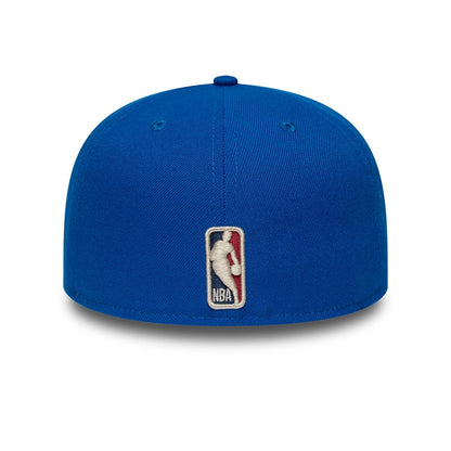 Denver Nuggets NBA Hardwood Classic Blue New Era 59FIFTY Fitted Cap, rear view showing the NBA logo embroidered in white, red, and blue at the centre of the back panels, with a solid blue structured crown and matching top button.