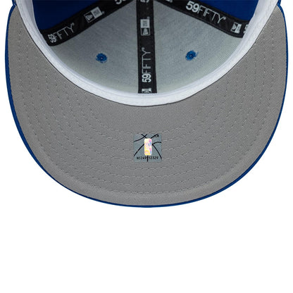 Denver Nuggets NBA Hardwood Classic Blue New Era 59FIFTY Fitted Cap, inside view showing the grey undervisor with a sticker, black 59FIFTY taping across the panels, and a white sweatband lining the interior edge.