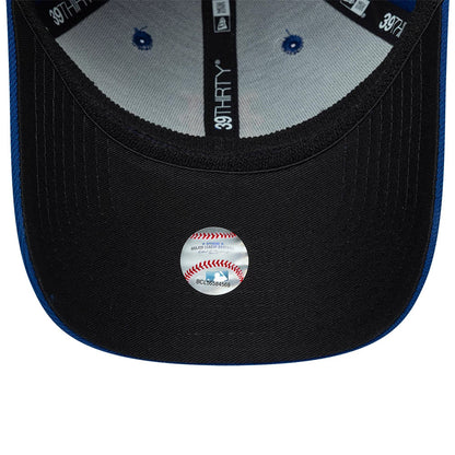 New York Mets MLB Classic Blue New Era 39THIRTY Stretch Fit Cap, inside view showing the black sweatband with 39THIRTY taping, blue eyelets against a light grey interior, and an MLB sticker centred on the black underside of the visor.