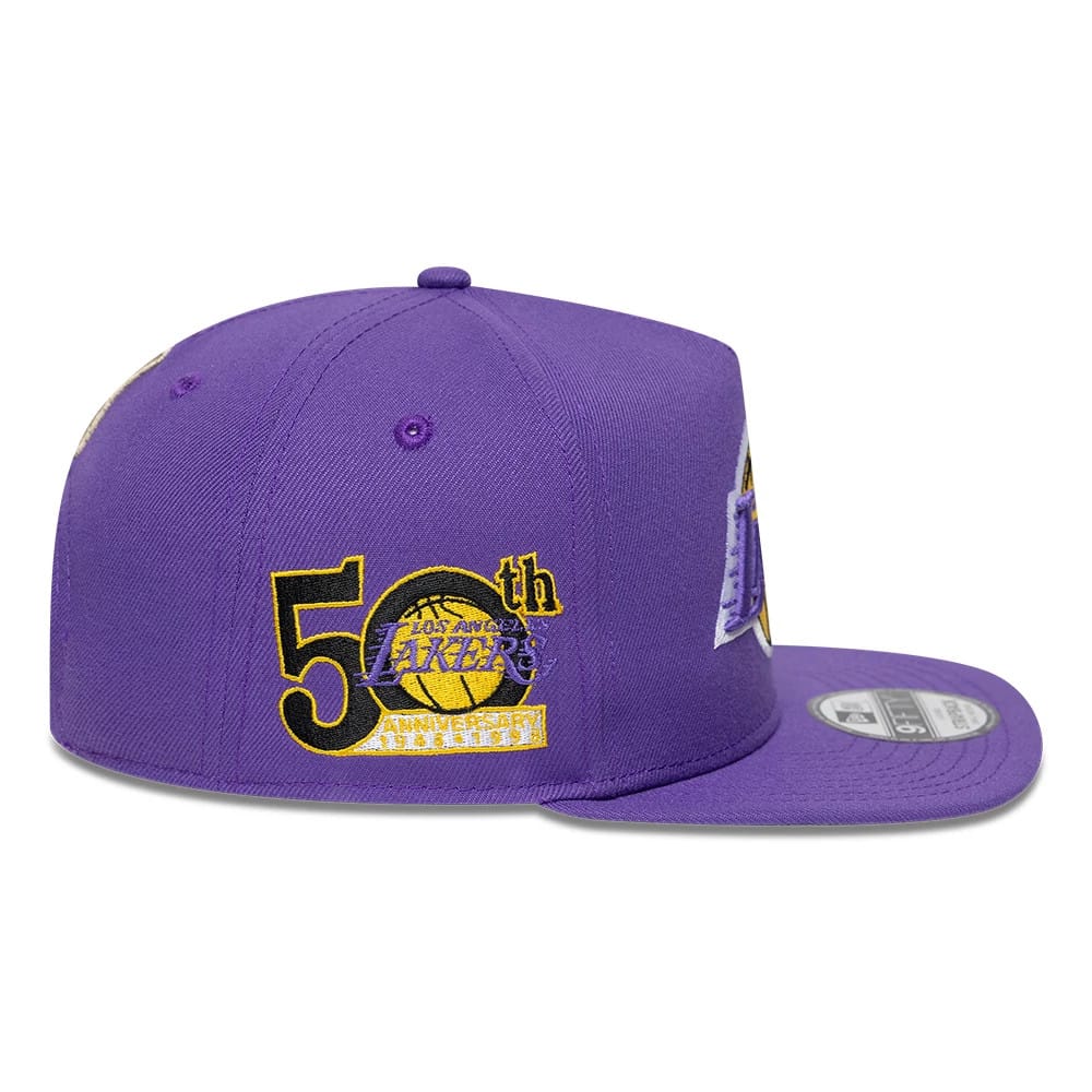 Pictured is this NBA Hardwood Classic LA Lakers 9FIFTY A-Frame Snapback cap in purple. 7