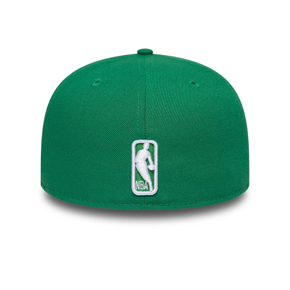 Boston Celtics NBA Basic Green New Era 59FIFTY Fitted Cap, rear view showing the white and green embroidered NBA logo at the centre of the back panels, set high on the structured green crown with matching green eyelets and top button.