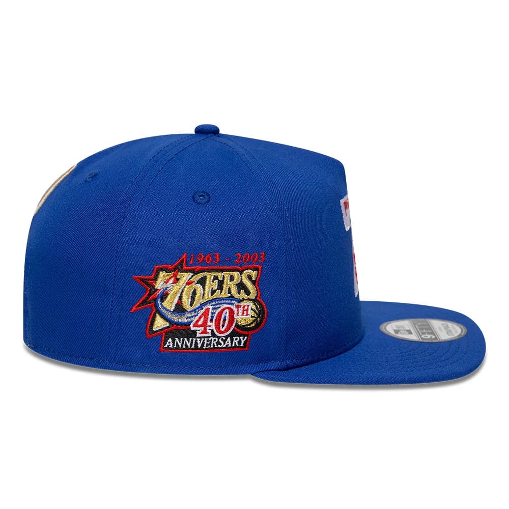 Pictured is this NBA Hardwood Classic Philadelphia 76ers 9FIFTY A-Frame Snapback cap in blue. 5