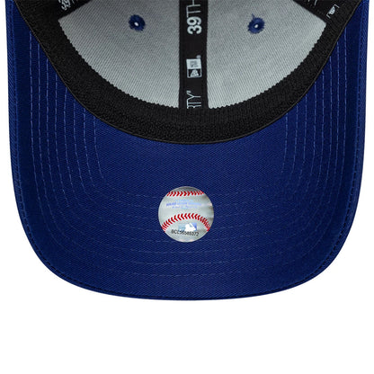 LA Dodgers MLB Neo Dark Blue New Era 39THIRTY Stretch Fit Cap, inside view showing the black sweatband and 39THIRTY taping, grey undervisor with blue eyelets, and a small round holographic MLB sticker on the dark blue visor.