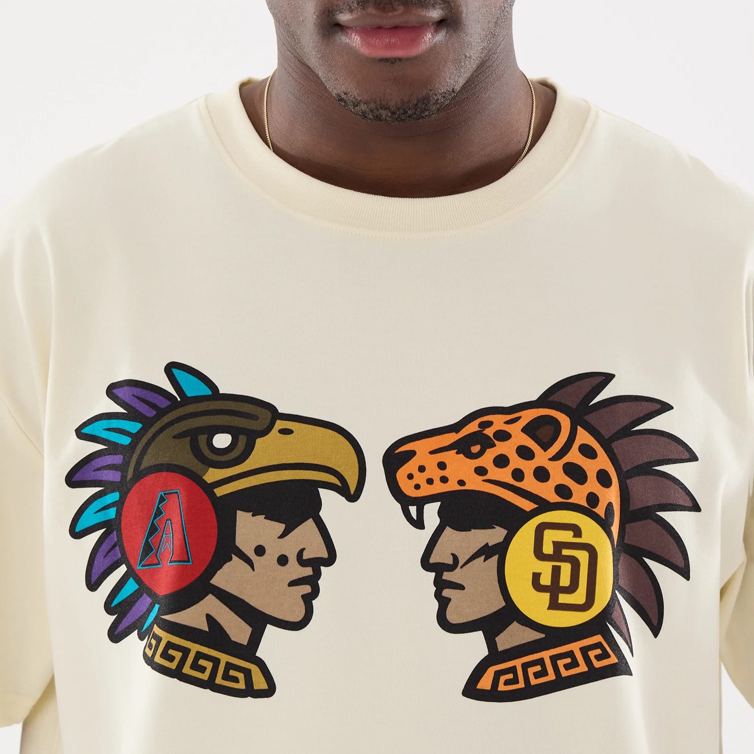 The model is wearing this MLB Mexico City Series 2026 Clash MLB Dueling Logo T-Shirt in Cream 4