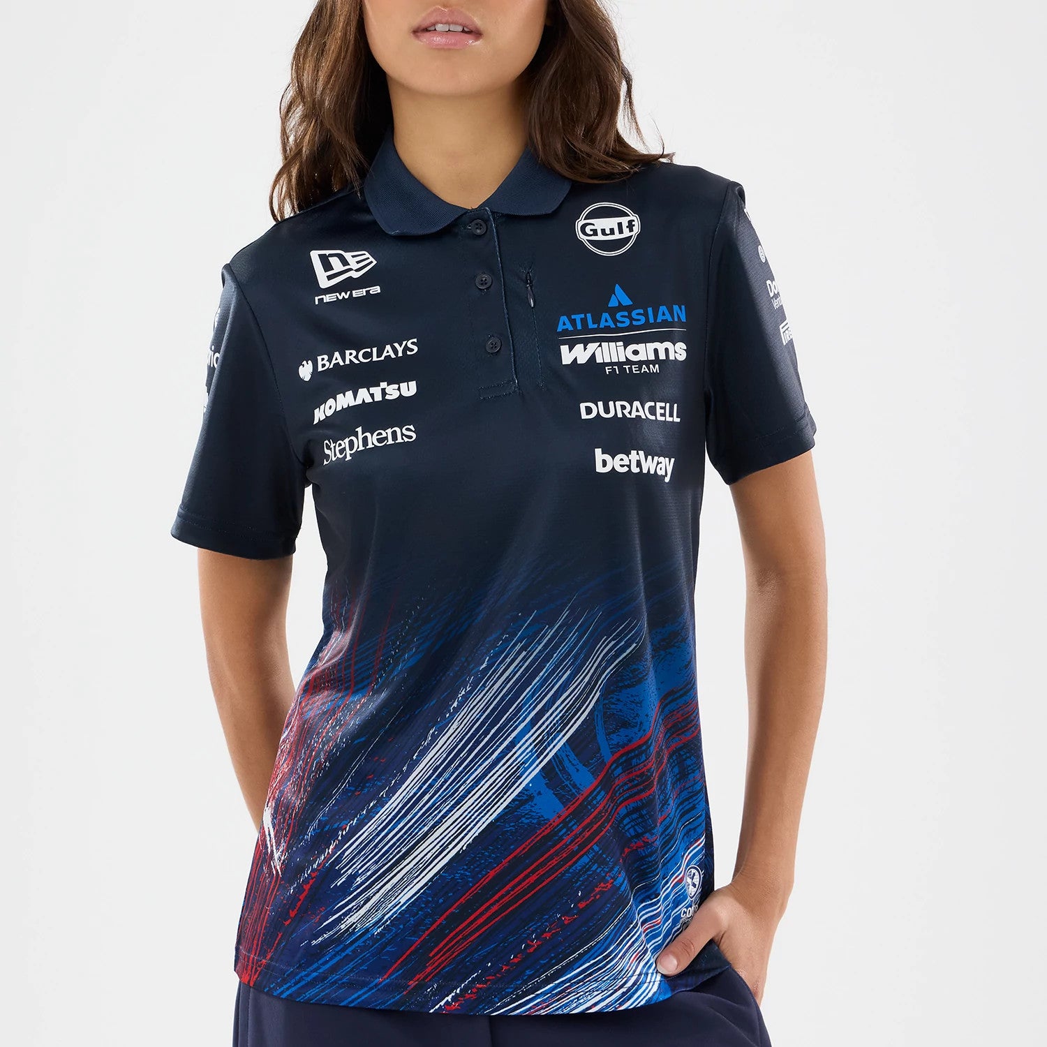 The model is wearing this Womens Williams GB Race Special Tech Polo T-Shirt  in navy. 3