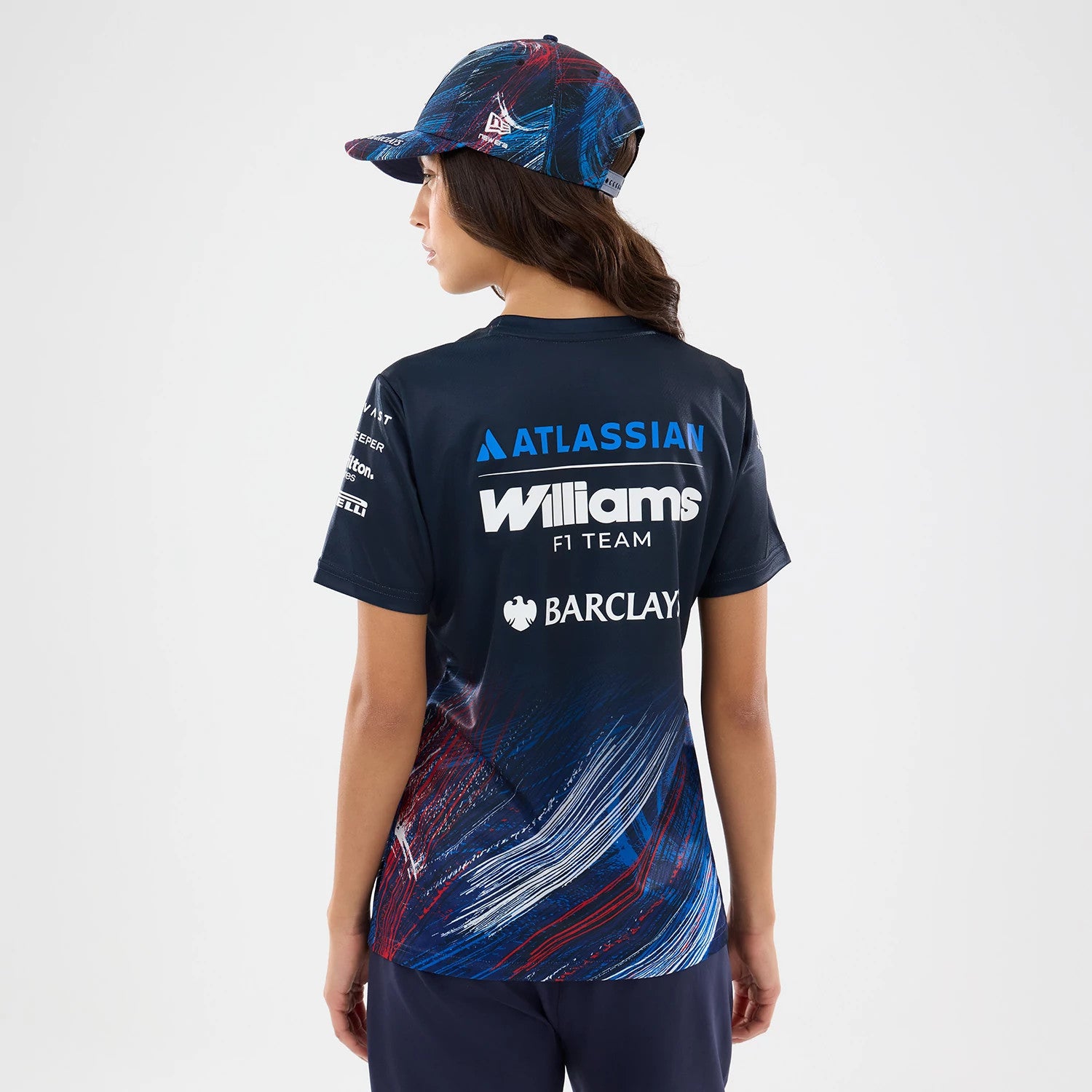 The model is wearing this Womens Williams GB Race Special Tech T-Shirt  in navy. 2