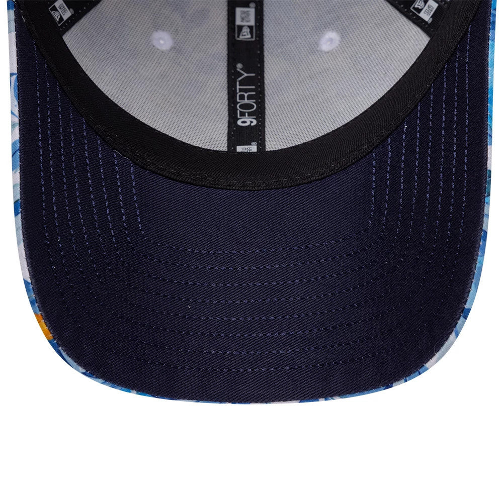 Williams Barcelona Race Special Multi New Era 9FORTY Adjustable Cap, inside view showing the navy undervisor, black sweatband, and 9FORTY taping along the structured panels, with stitching details on the cap's interior.