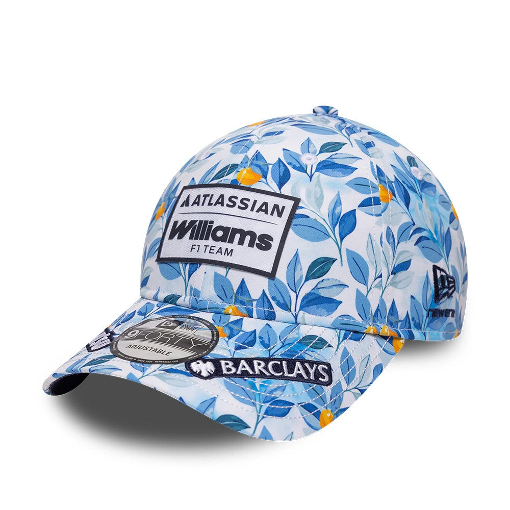 Williams Alex Albon Barcelona Race Special Multi New Era 9FORTY Adjustable Cap, front view showing a blue and orange floral design with an embroidered Atlassian Williams F1 Team patch on the structured crown and Barclays logo on the visor.
