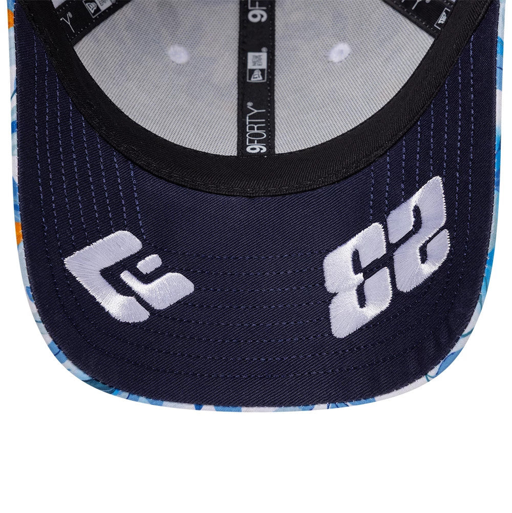 Williams Alex Albon Barcelona Race Special Multi New Era 9FORTY Adjustable Cap, inside view showing white embroidered graphics with a logo and number 23 on the navy undervisor, complemented by grey taping and a black sweatband.