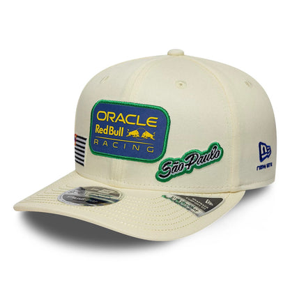 Red Bull Racing Brazil Race Special Team Cream New Era 9SEVENTY Stretch Snap Adjustable Cap, front view showing the raised Oracle Red Bull Racing logo on the front panel, green-outlined São Paulo embroidery.