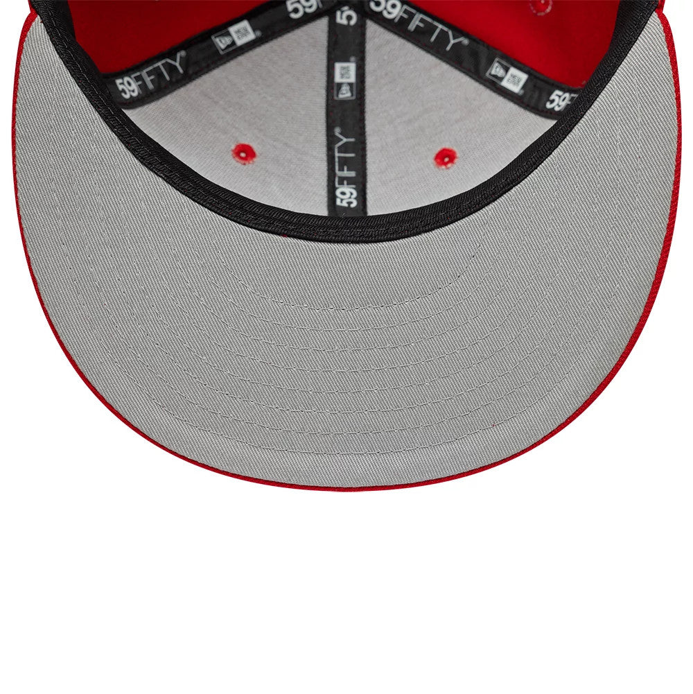 LA Angels MLB Scribble Red New Era 59FIFTY Fitted Cap, inside view showing grey undervisor, black sweatband with 59FIFTY and New Era logos, and red taping alongside red embroidered eyelets on the crown.