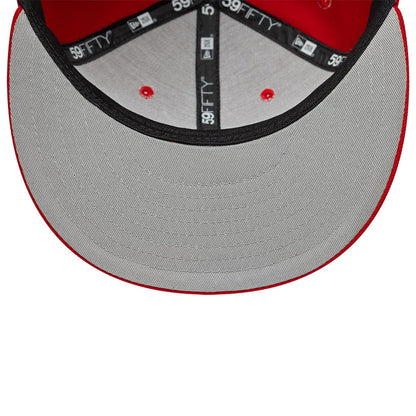 LA Angels MLB Scribble Red New Era 59FIFTY Fitted Cap, inside view showing grey undervisor, black sweatband with 59FIFTY and New Era logos, and red taping alongside red embroidered eyelets on the crown.