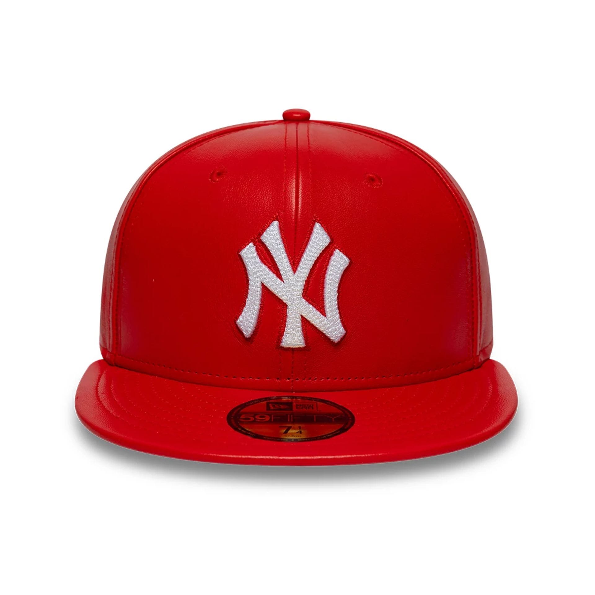 Pictured is this MLB Leather New York Yankees 59FIFTY Fitted cap in red. 3