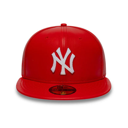 Pictured is this MLB Leather New York Yankees 59FIFTY Fitted cap in red. 3