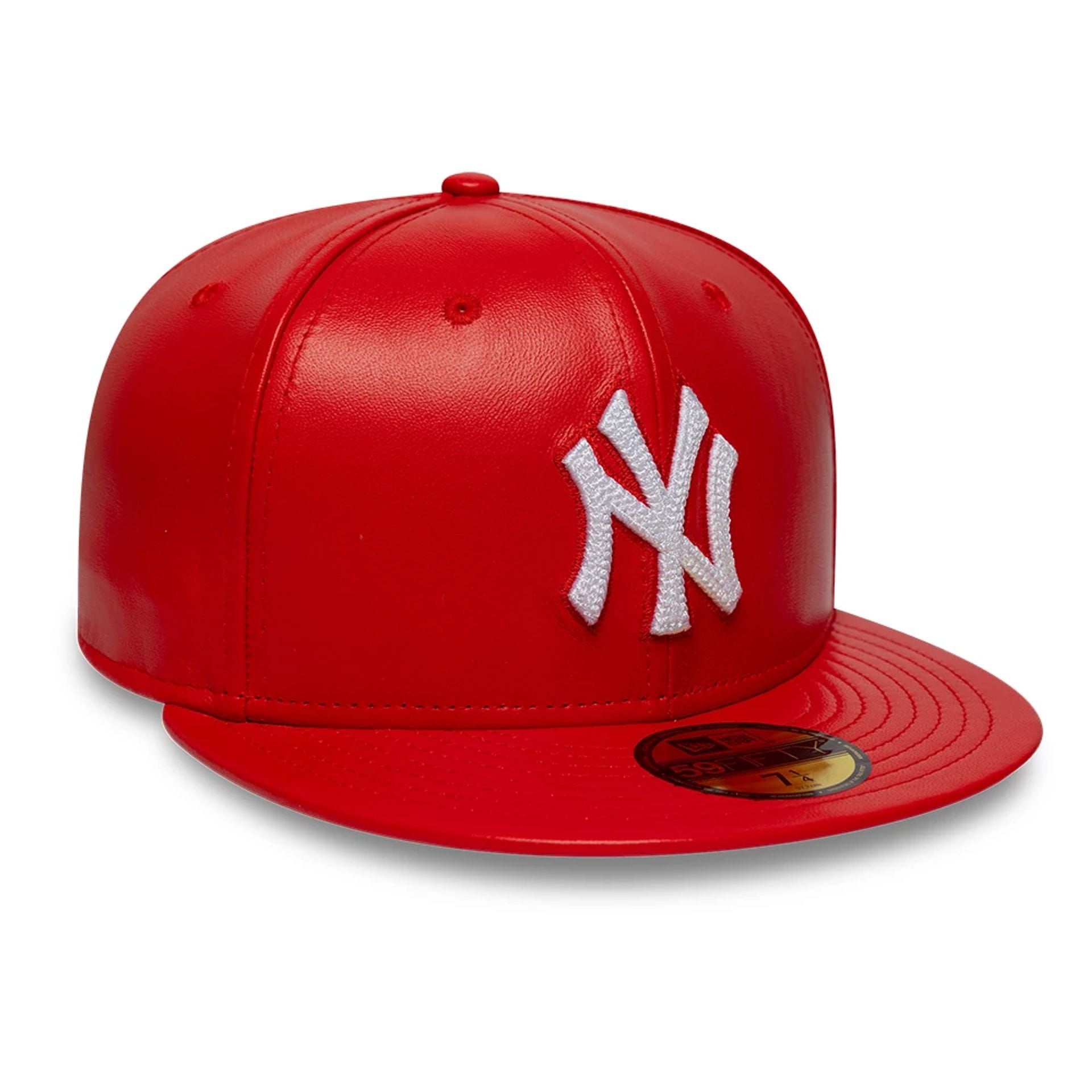 Pictured is this MLB Leather New York Yankees 59FIFTY Fitted cap in red. 4