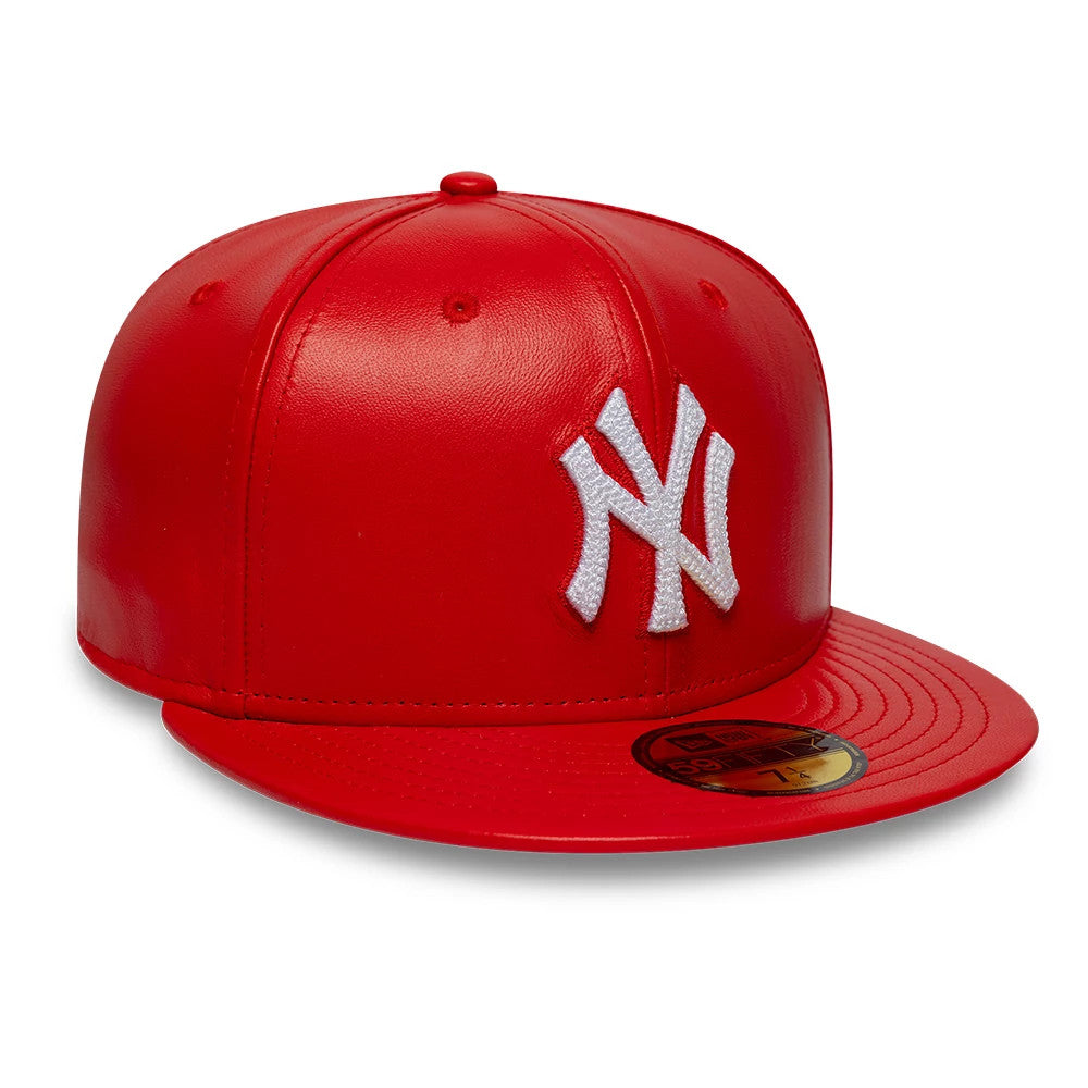 Pictured is this MLB Leather New York Yankees 59FIFTY Fitted cap in red. 4