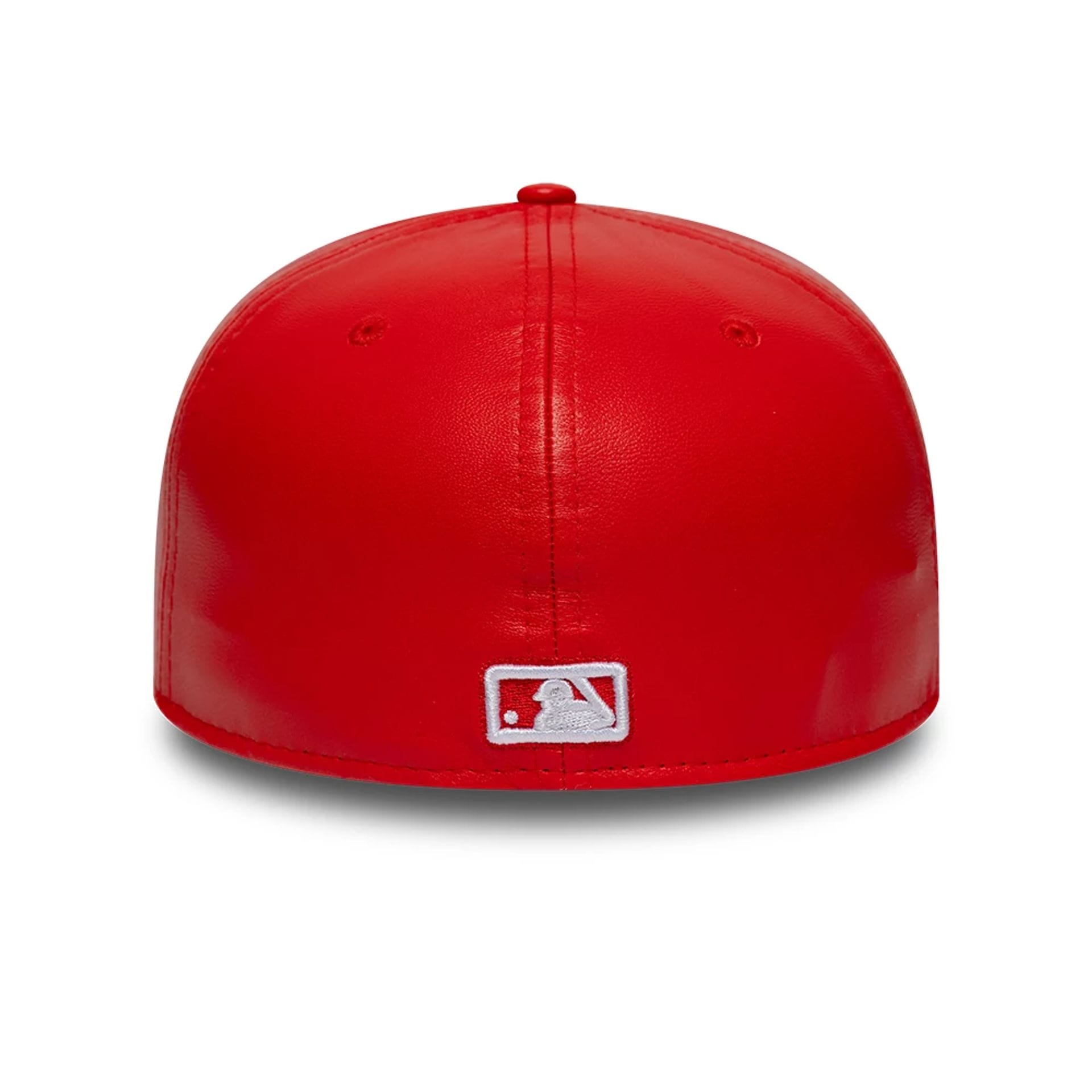 Pictured is this MLB Leather New York Yankees 59FIFTY Fitted cap in red. 5