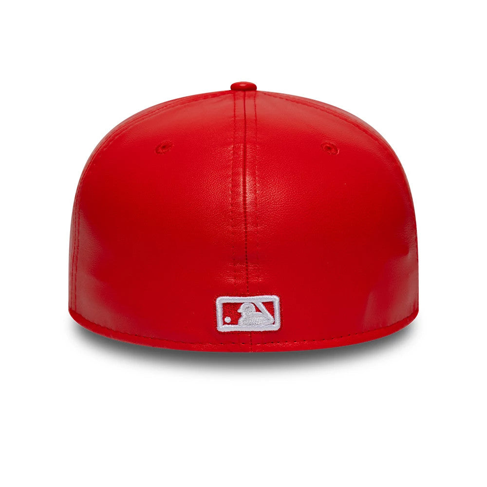 Pictured is this MLB Leather New York Yankees 59FIFTY Fitted cap in red. 5