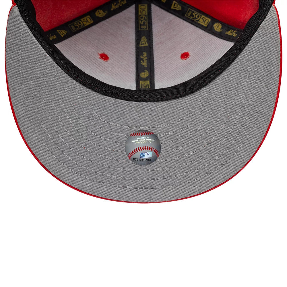 Pictured is this MLB Leather New York Yankees 59FIFTY Fitted cap in red. 2