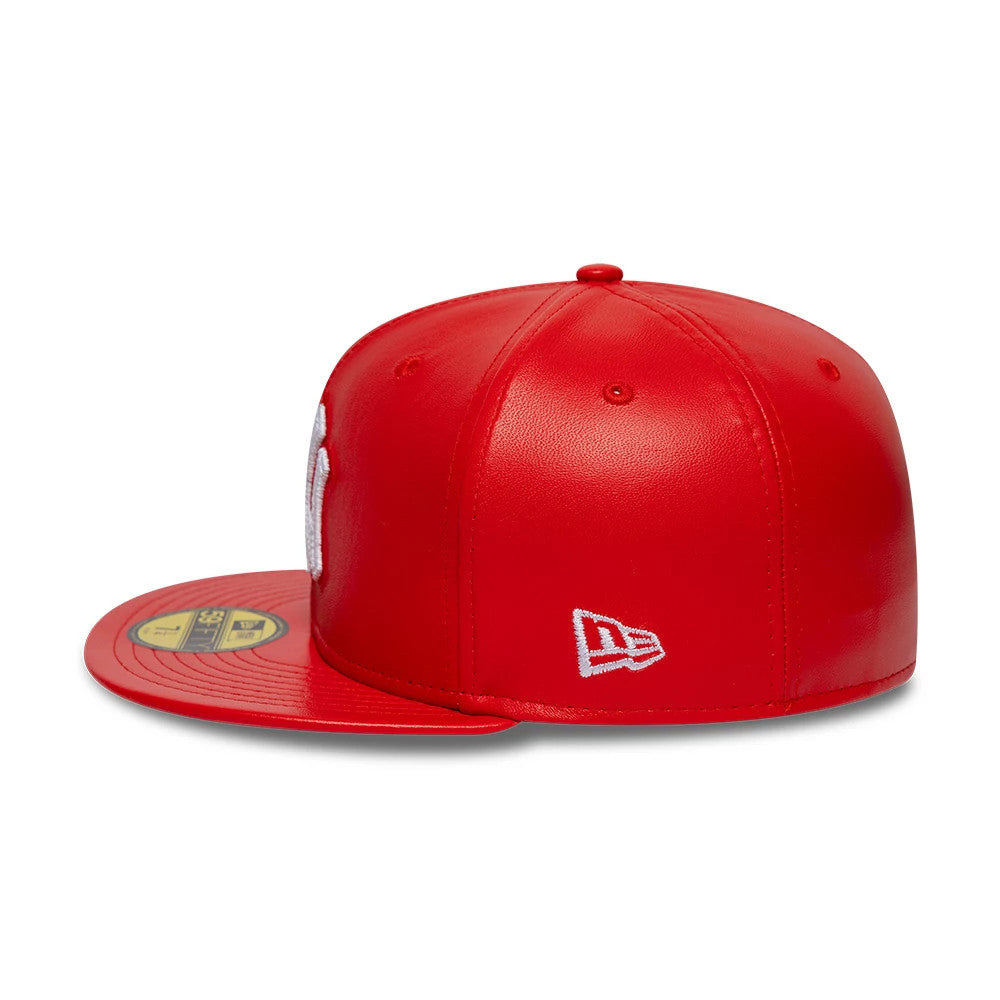 Pictured is this MLB Leather New York Yankees 59FIFTY Fitted cap in red. 6