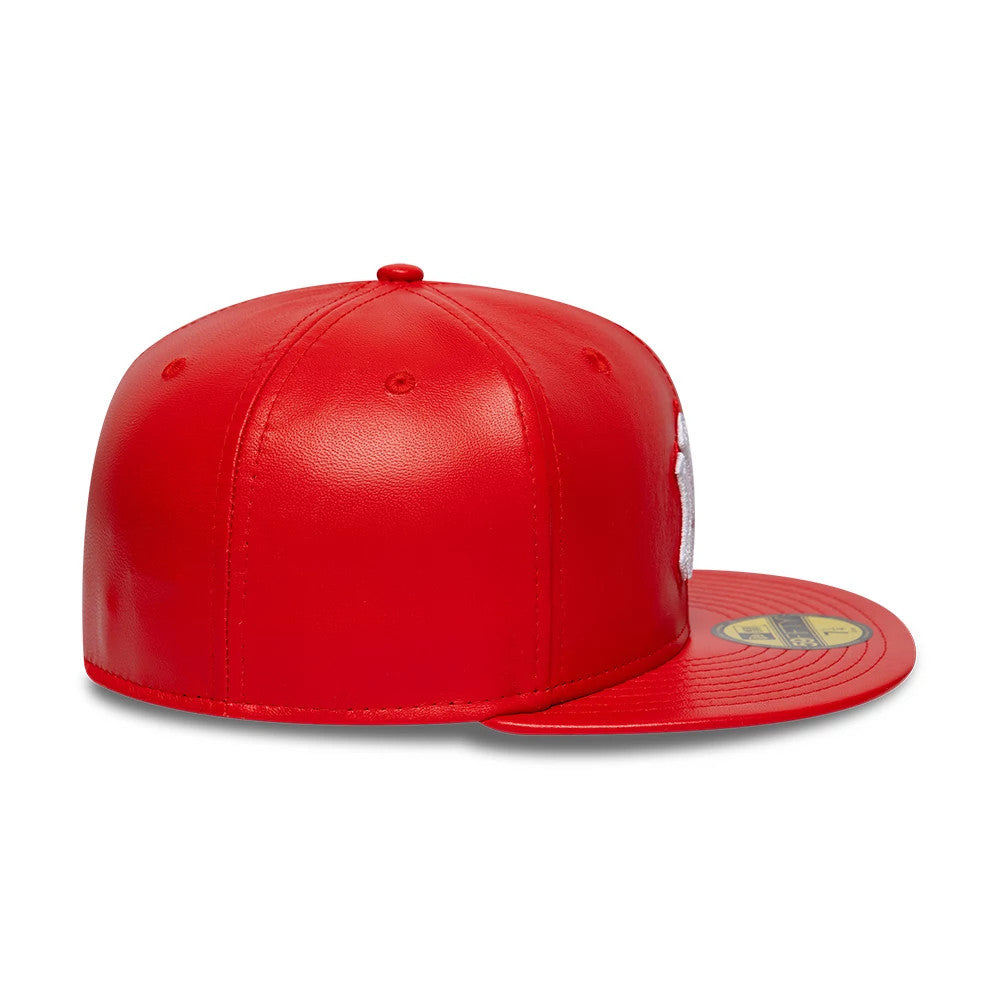 Pictured is this MLB Leather New York Yankees 59FIFTY Fitted cap in red. 7