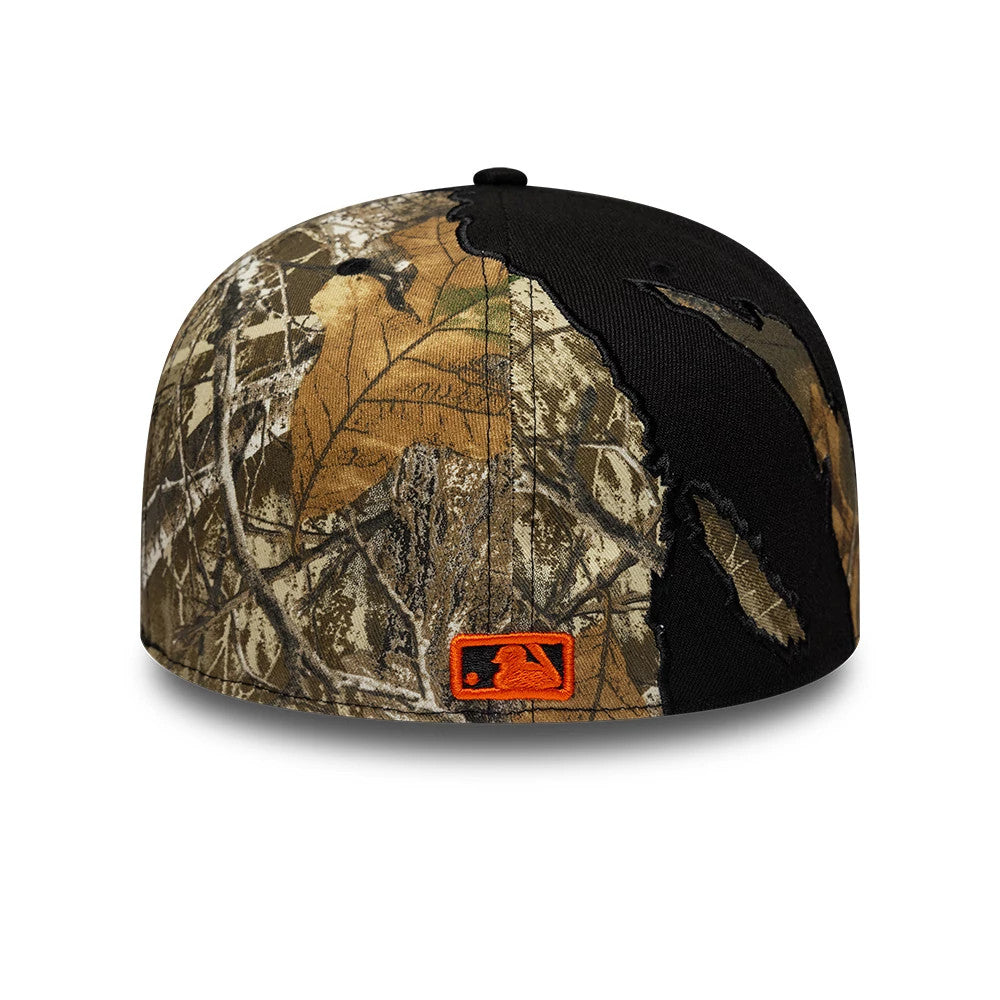 Detroit Tigers MLB Split Realtree Black New Era 59FIFTY A-Frame Fitted Cap, rear view showing the orange embroidered MLB Batterman logo centred on the rustic camo-print back panels, with a contrasting solid black section on the right side.
