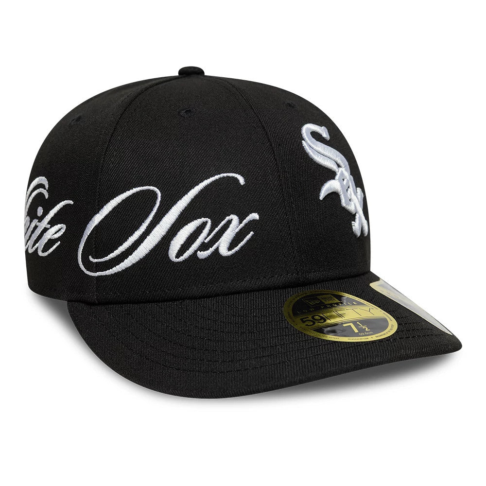 Pictured is this MLB Side Script Chicago White Sox Low Profile 59FIFTY Fitted cap in black. 1