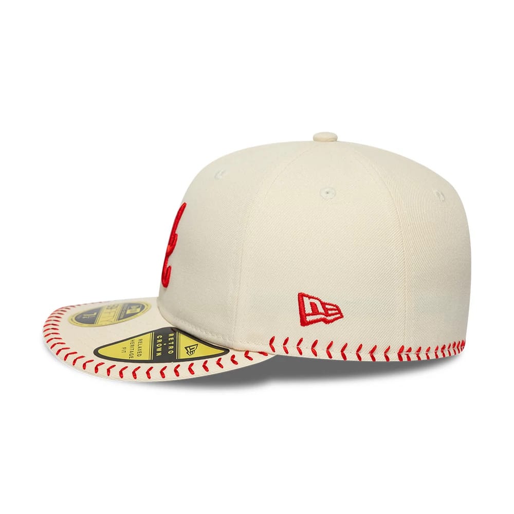 Pictured is this MLB Baseball Stitch Atlanta Braves Retro Crown 59FIFTY Fitted cap in Cream. 5