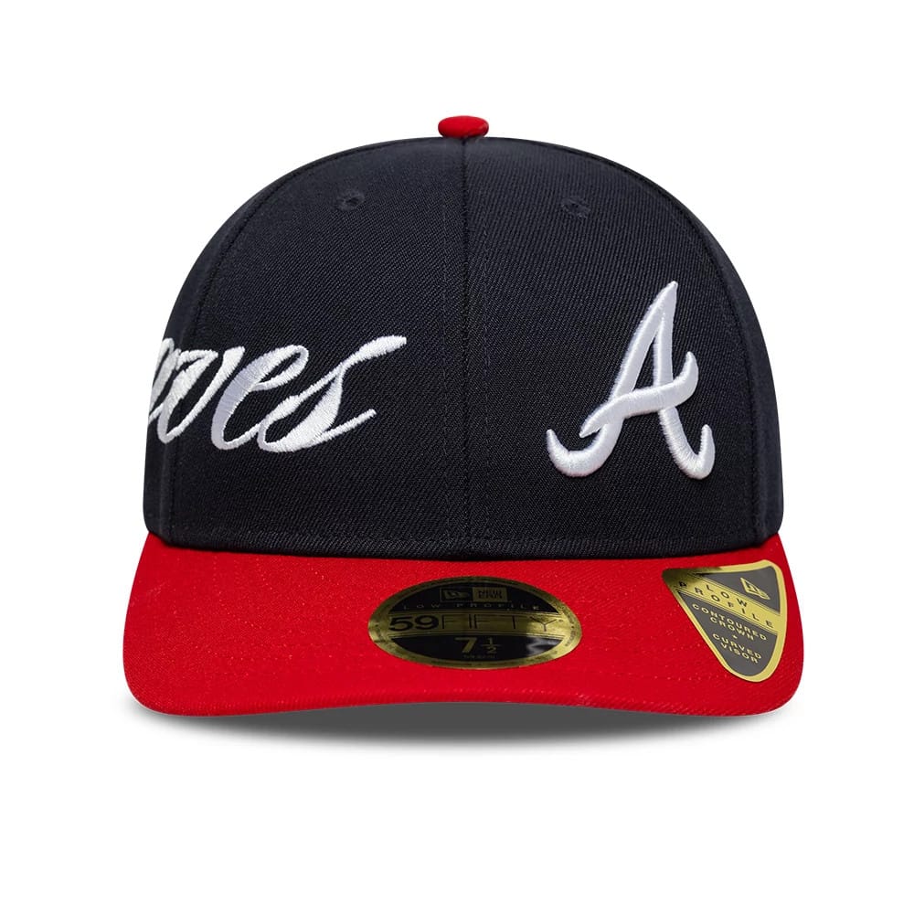Pictured is this MLB Side Script Atlanta Braves Low Profile 59FIFTY Fitted cap in navy. 3