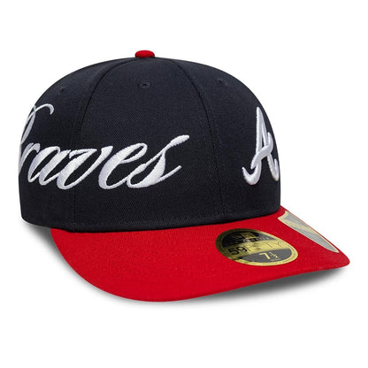 Pictured is this MLB Side Script Atlanta Braves Low Profile 59FIFTY Fitted cap in navy. 1