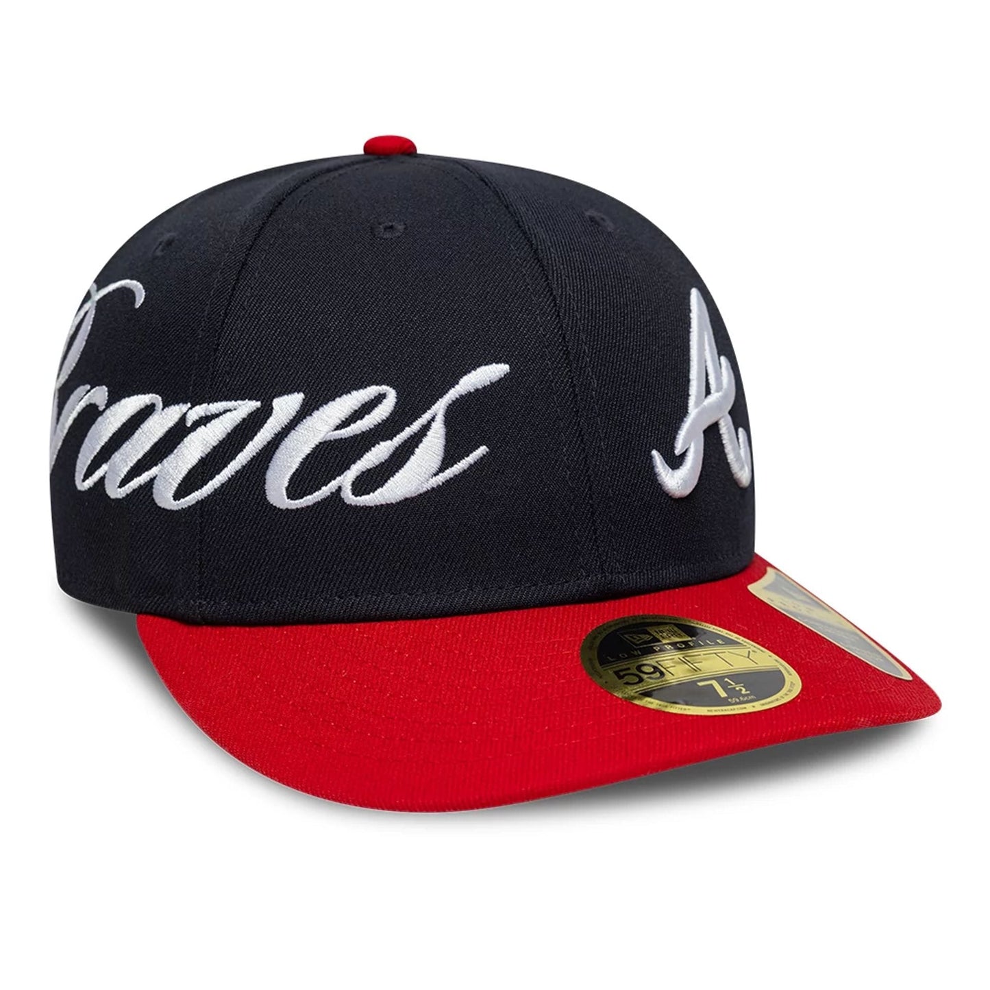 Pictured is this MLB Side Script Atlanta Braves Low Profile 59FIFTY Fitted cap in navy. 1