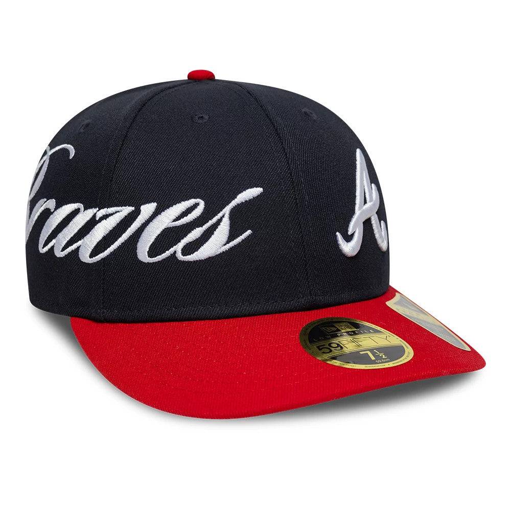Pictured is this MLB Side Script Atlanta Braves Low Profile 59FIFTY Fitted cap in navy. 1