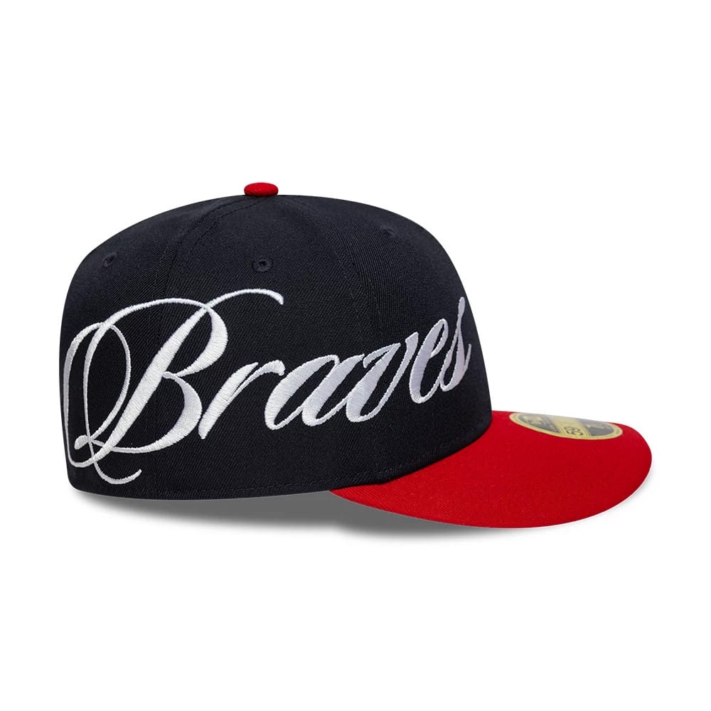 Pictured is this MLB Side Script Atlanta Braves Low Profile 59FIFTY Fitted cap in navy. 5