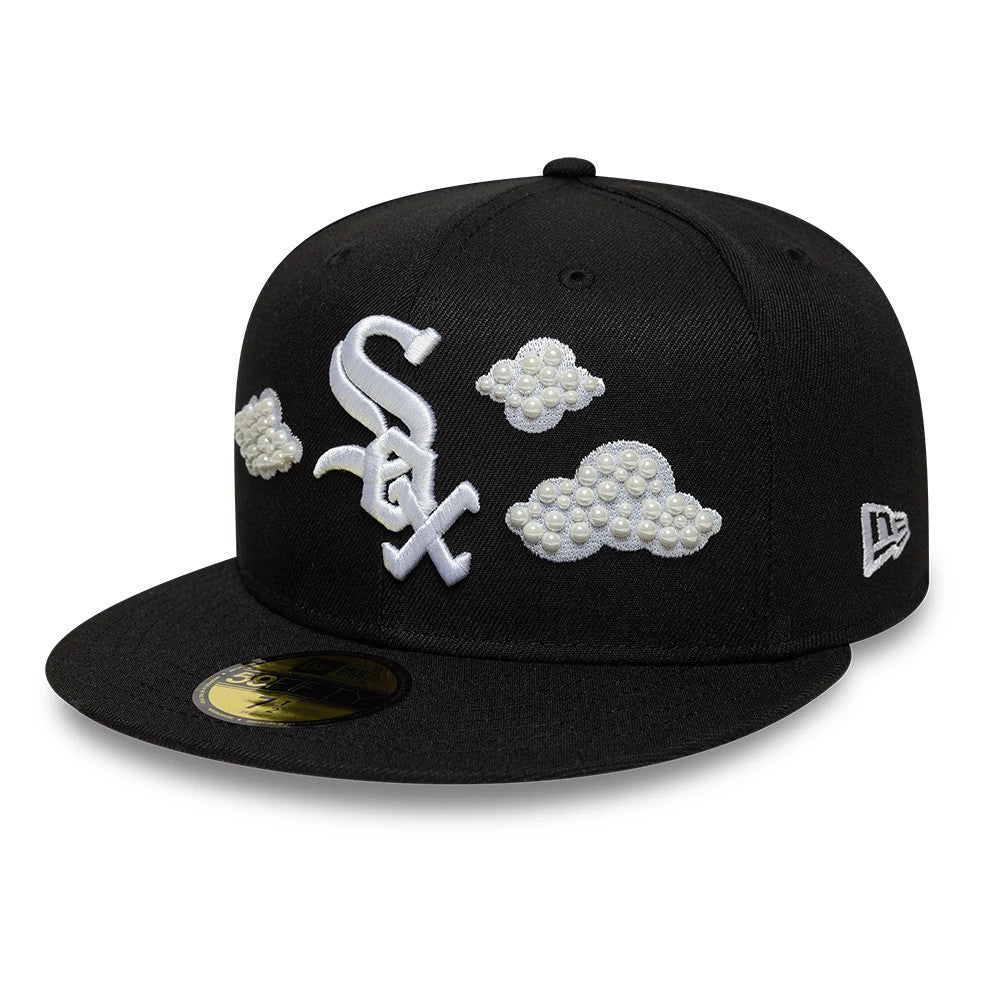 Chicago White Sox MLB Faux Pearl Cloud Black New Era 59FIFTY Fitted Cap, front view showing the white and pearl embroidered clouds and team logo on the structured black crown, with a gold 59FIFTY size sticker on the flat black visor.