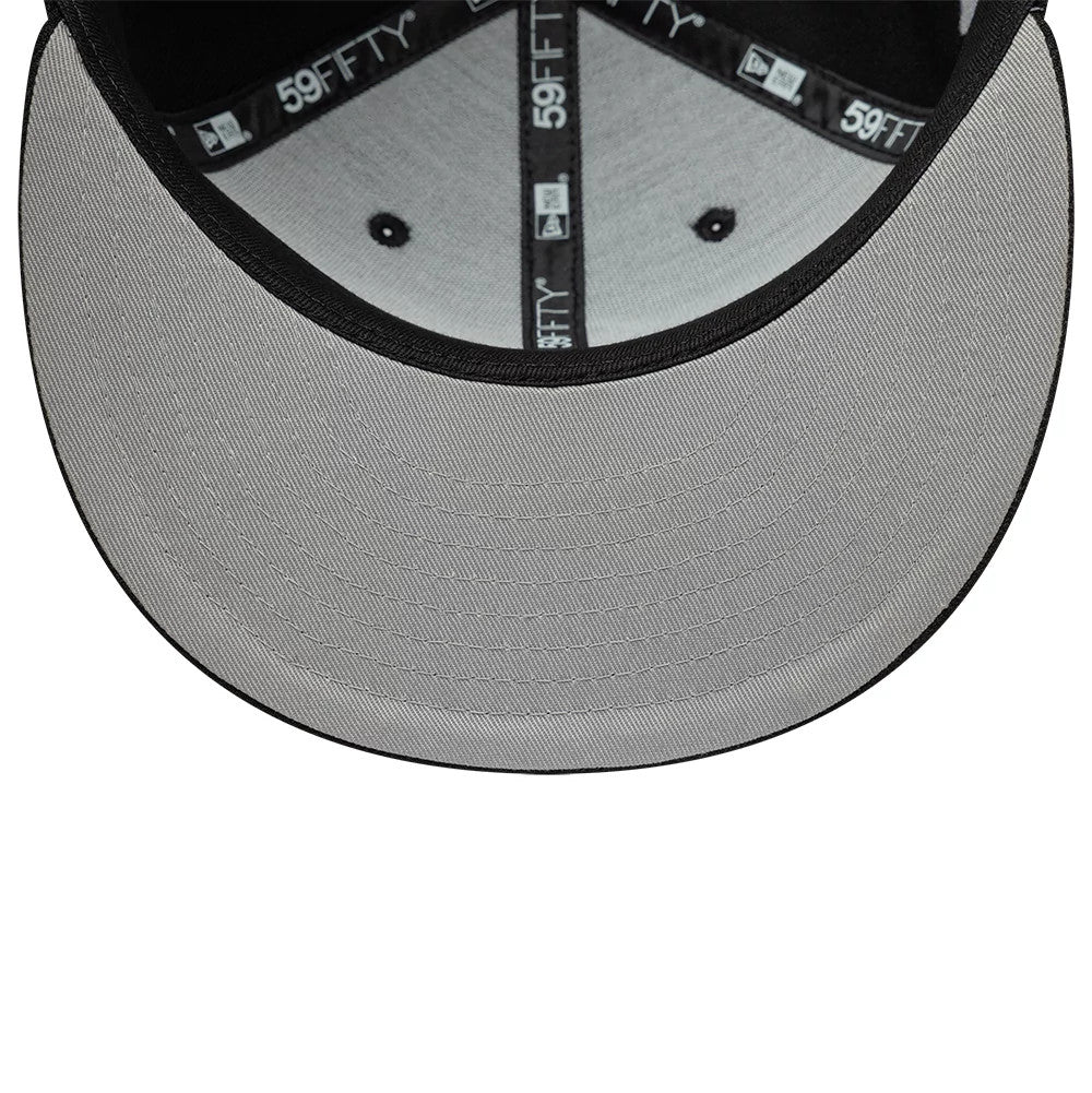 Chicago White Sox MLB Faux Pearl Cloud Black New Era 59FIFTY Fitted Cap, inside view showing black 59FIFTY logo taping, a grey undervisor, and black eyelet details on the light grey crown fabric.