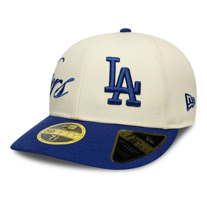 Pictured is this MLB Side Script LA Dodgers Low Profile 59FIFTY Fitted cap in Cream. 4