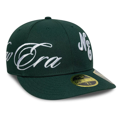 Pictured is this New Era Side Script Low Profile 59FIFTY Fitted cap in dark green. 1