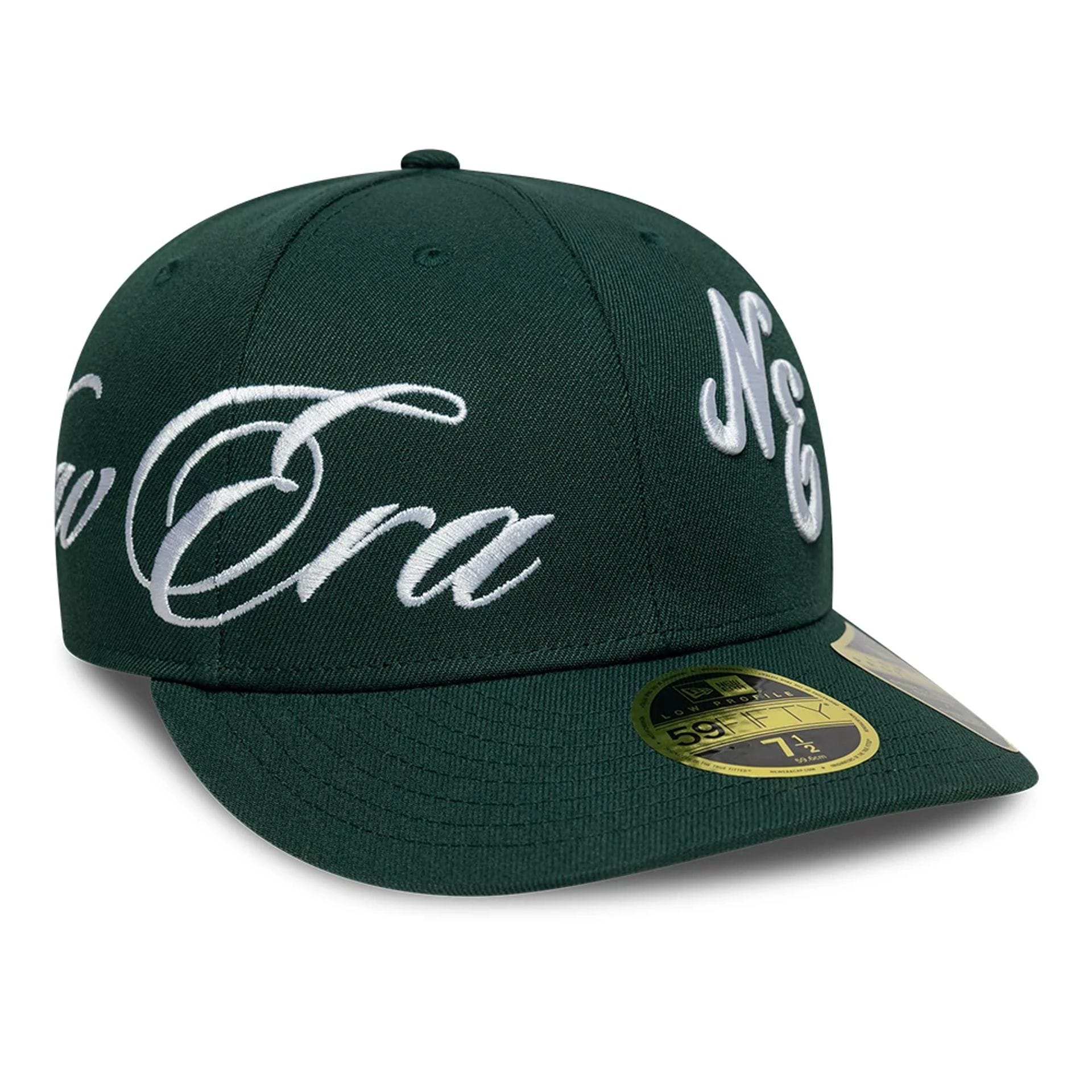 Pictured is this New Era Side Script Low Profile 59FIFTY Fitted cap in dark green. 1